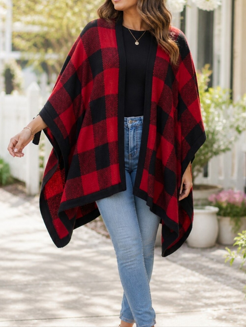 Lane Bryant Red & Black Buffalo Plaid Open-Front Poncho Cape Wrap One Size Cozy